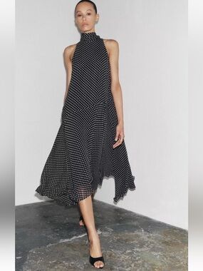 ZARA ZW Black & White Polka Dot Halter Maxi Dress